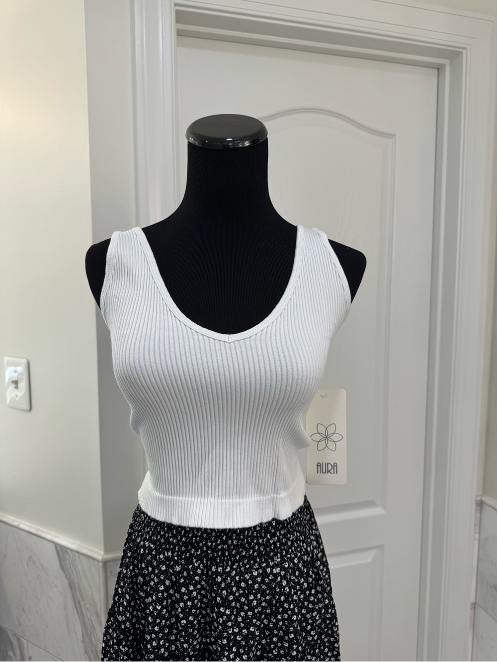 Aura White Ribbed V-Neck Tank Top